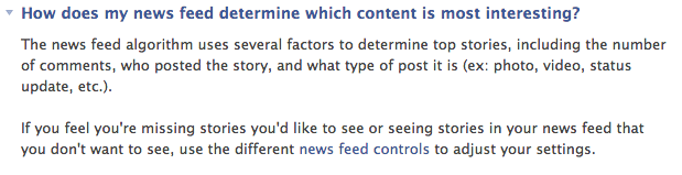 Facebook's response to how it determines the content in your Newsfeed